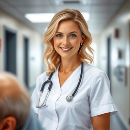 A stunning Australian nurse with a caring and professional demeanor, wearing a classic white nurse's uniform