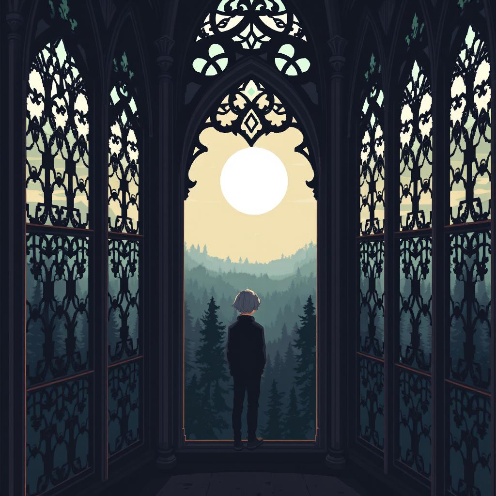 a pixel art of a sad guy with side-swept bangs standing in a gothic tower