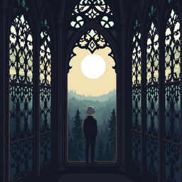 a pixel art of a sad guy with side-swept bangs standing in a gothic tower