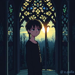 a pixel art of a sad guy with side-swept bangs standing in a gothic tower