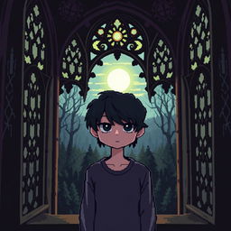 a pixel art of a sad guy with side-swept bangs standing in a gothic tower