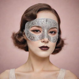 A girl wearing a Korean facial sheet mask with a print of lady's makeup in 1920s Art Deco style, embodying the aesthetics of Marlene Dietrich and Gatsby. No additional images or paintings on the mask.