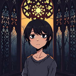 a pixel art of a sad guy with side-swept bangs standing in a gothic tower