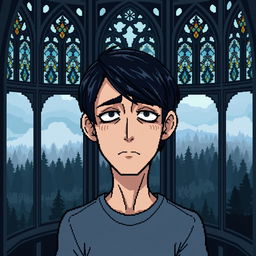 a pixel art depiction of a sad guy with side-swept bangs hairstyle inside a gothic tower