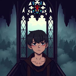 a pixel art depiction of a sad guy with side-swept bangs hairstyle inside a gothic tower