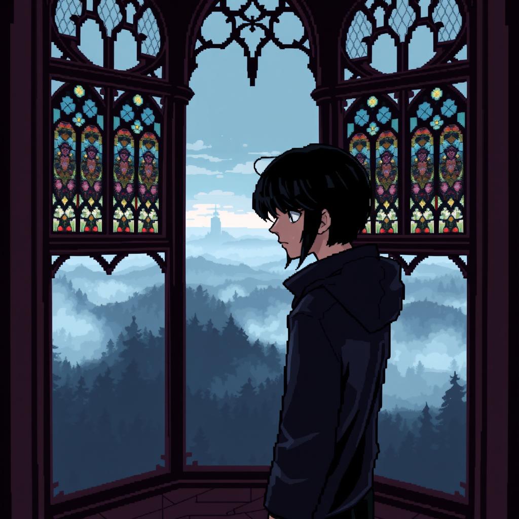 a pixel art depiction of a sad guy with side-swept bangs hairstyle inside a gothic tower