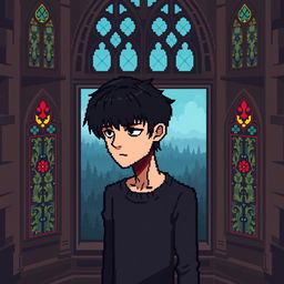 a pixel art depiction of a sad guy with side-swept bangs hairstyle inside a gothic tower