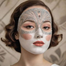 A girl wearing a Korean facial sheet mask with a print of lady's makeup in 1920s Art Deco style, embodying the aesthetics of Marlene Dietrich and Gatsby. No additional images or paintings on the mask.