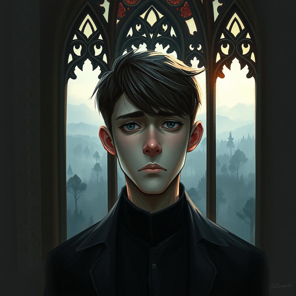 a digital painting of a sad guy with side-swept bangs hairstyle inside a gothic tower