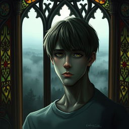 a digital painting of a sad guy with side-swept bangs hairstyle inside a gothic tower