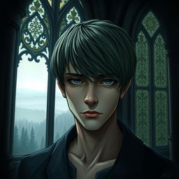 a digital painting of a sad guy with side-swept bangs hairstyle inside a gothic tower