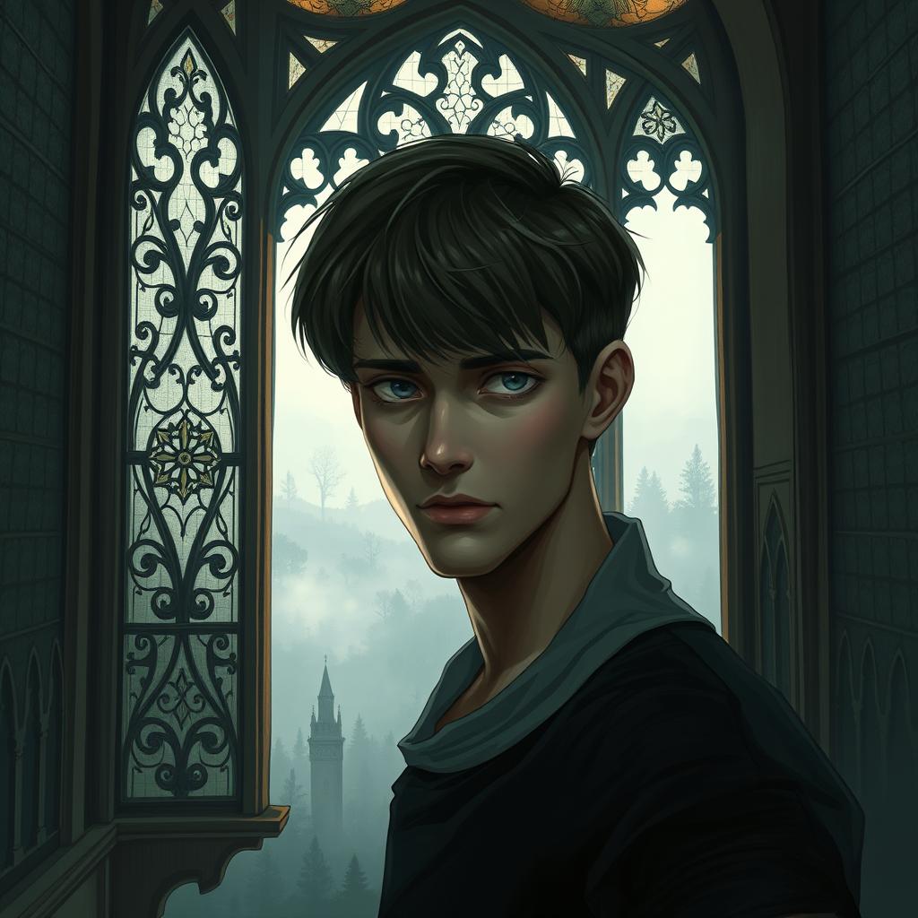 a digital painting of a sad guy with side-swept bangs hairstyle inside a gothic tower