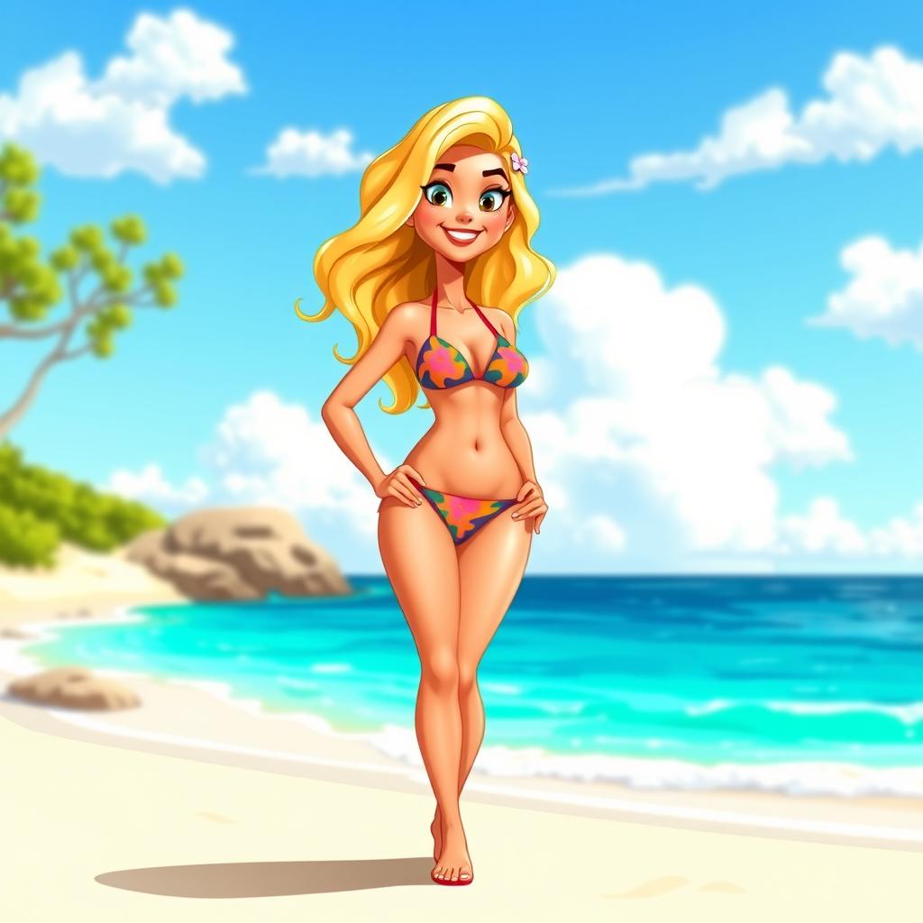 A Pixar art style illustration of an Australian bikini babe