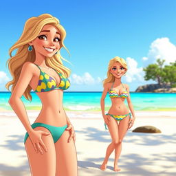 A Pixar art style illustration of an Australian bikini babe