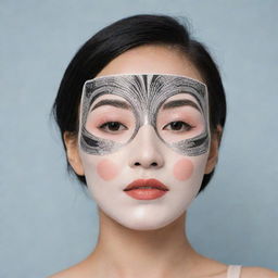 A girl wearing a Korean facial sheet mask. The mask features a print of 1920s Art Deco style lady's makeup, akin to Marlene Dietrich and Gatsby, without any gems or extra accessories, just the makeup print.