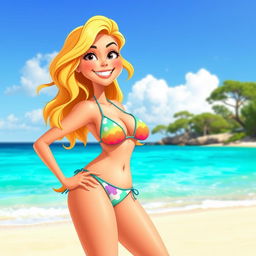 A Pixar art style illustration of an Australian bikini babe