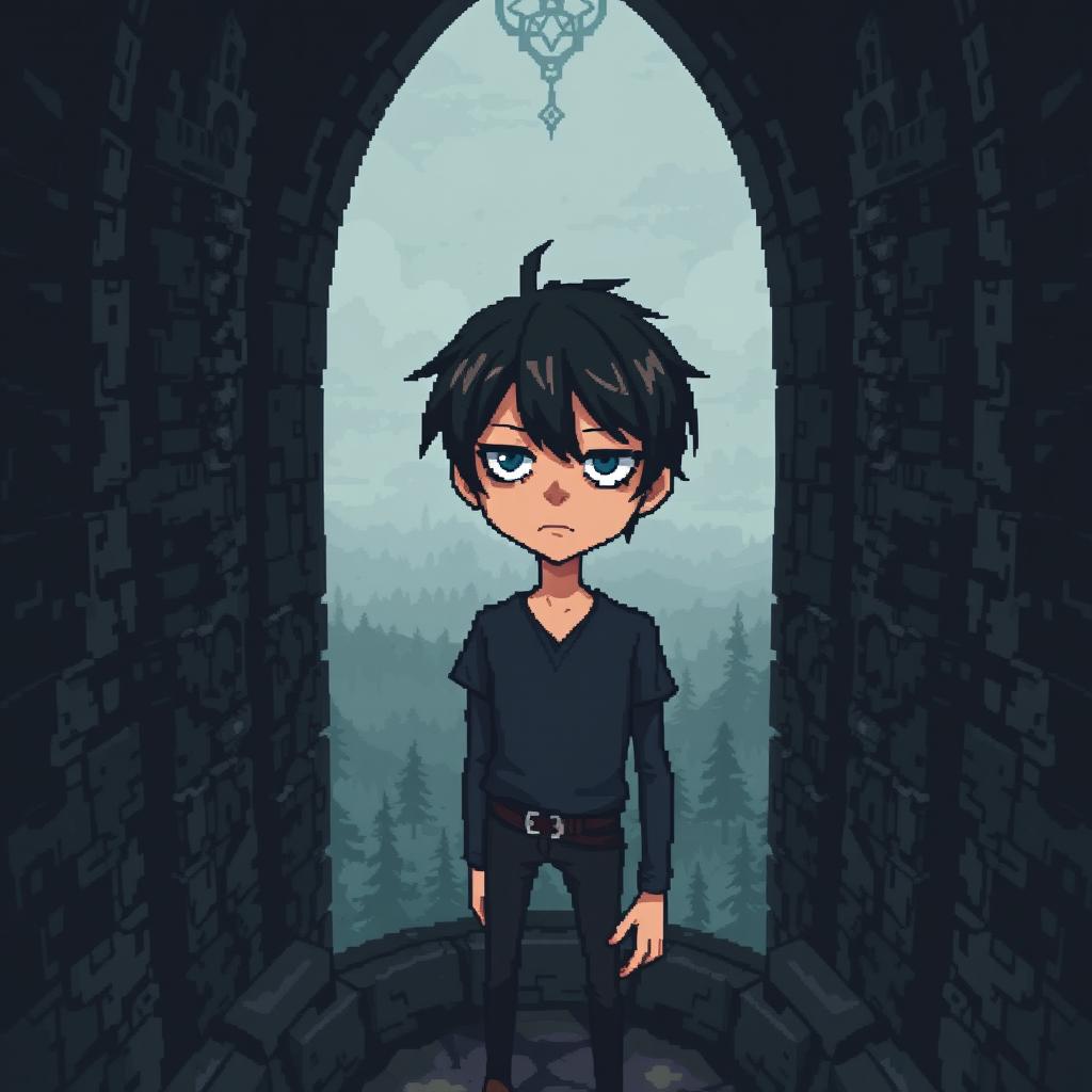 a pixel art image of a sad guy with side-swept bangs hairstyle standing in a gothic tower