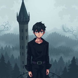 a pixel art image of a sad guy with side-swept bangs hairstyle standing in a gothic tower