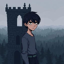 a pixel art image of a sad guy with side-swept bangs hairstyle standing in a gothic tower