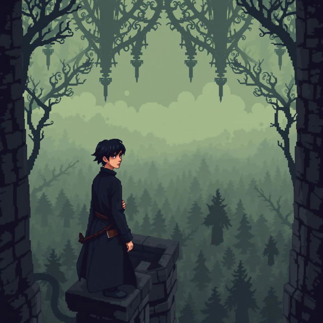 a pixel art image of a sad guy with side-swept bangs hairstyle standing in a gothic tower