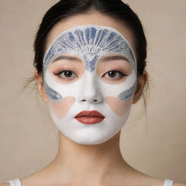 A girl wearing a Korean facial sheet mask. The mask features a print of 1920s Art Deco style lady's makeup, akin to Marlene Dietrich and Gatsby, without any gems or extra accessories, just the makeup print.