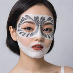 A girl wearing a Korean facial sheet mask. The mask features a print of 1920s Art Deco style lady's makeup, akin to Marlene Dietrich and Gatsby, without any gems or extra accessories, just the makeup print.