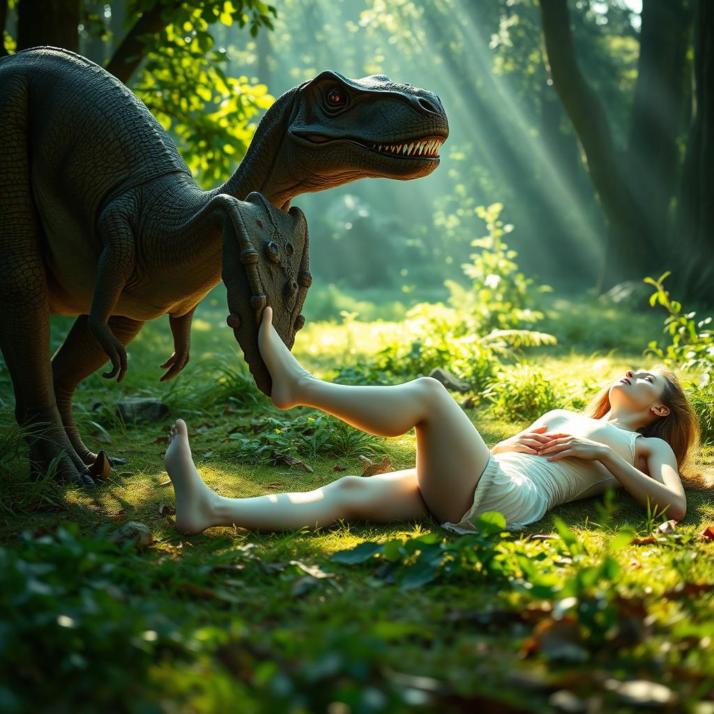 A young woman wearing white stockings is lying gracefully on the ground with a curious dinosaur approaching her to sniff her feet, set in a lush prehistoric landscape, sunlight streaming through the trees, creating a magical and surreal atmosphere