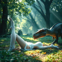 A young woman wearing white stockings is lying gracefully on the ground with a curious dinosaur approaching her to sniff her feet, set in a lush prehistoric landscape, sunlight streaming through the trees, creating a magical and surreal atmosphere