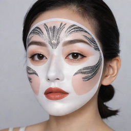 A girl wearing a Korean facial sheet mask. The mask features a print of 1920s Art Deco style lady's makeup, akin to Marlene Dietrich and Gatsby, without any gems or extra accessories, just the makeup print.