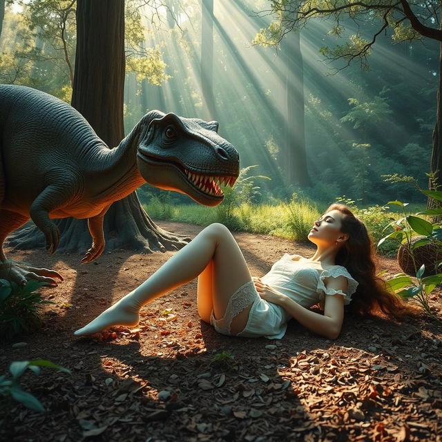 A young woman wearing white stockings is lying gracefully on the ground with a curious dinosaur approaching her to sniff her feet, set in a lush prehistoric landscape, sunlight streaming through the trees, creating a magical and surreal atmosphere