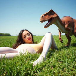 A young woman wearing white stockings lying peacefully on the grass, with a gentle and serene expression