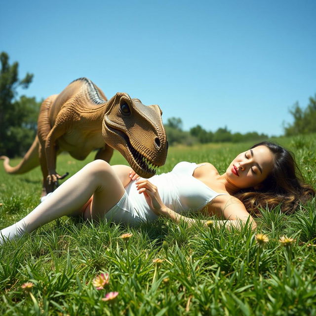 A young woman wearing white stockings lying peacefully on the grass, with a gentle and serene expression