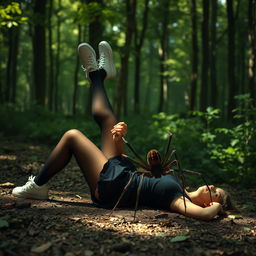 A young woman in a black mini skirt, black stockings, and white sneakers is lying on the ground with her legs elegantly stretched out