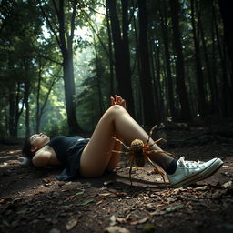 A young woman in a black mini skirt, black stockings, and white sneakers is lying on the ground with her legs elegantly stretched out