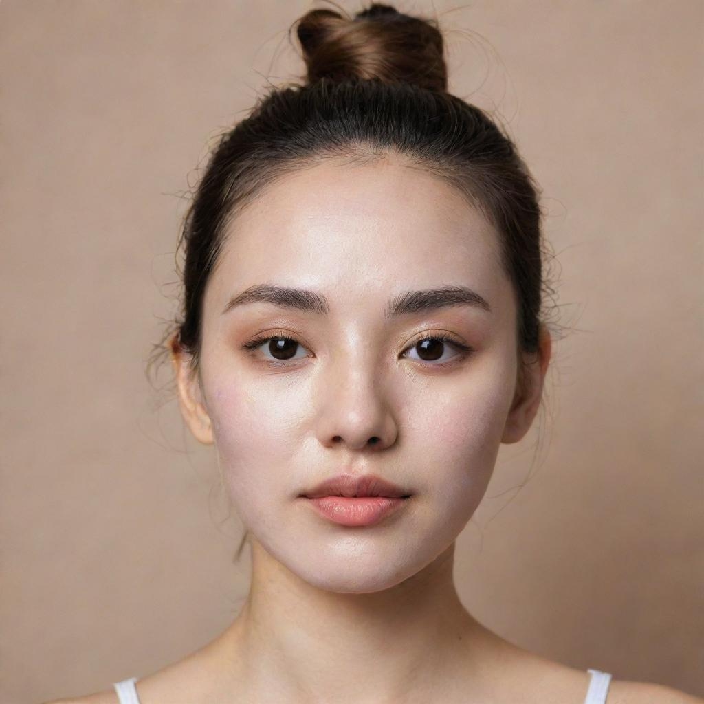 A girl displaying a Korean facial sheet mask, stripped down to the minimalist features of high, thin eyebrows, distinctive blush, and a faux mole.