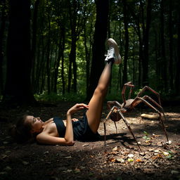 A young woman in a black mini skirt, black stockings, and white sneakers is lying on the ground with her legs elegantly stretched out