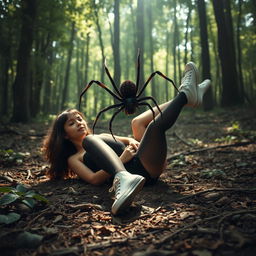 A young woman in a black mini skirt, black stockings, and white sneakers is lying on the ground with her legs elegantly stretched out