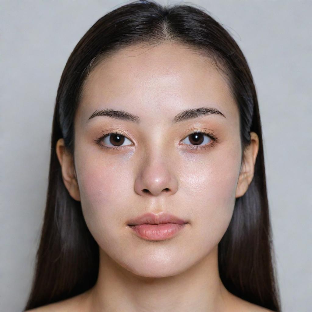 A girl displaying a Korean facial sheet mask, stripped down to the minimalist features of high, thin eyebrows, distinctive blush, and a faux mole.