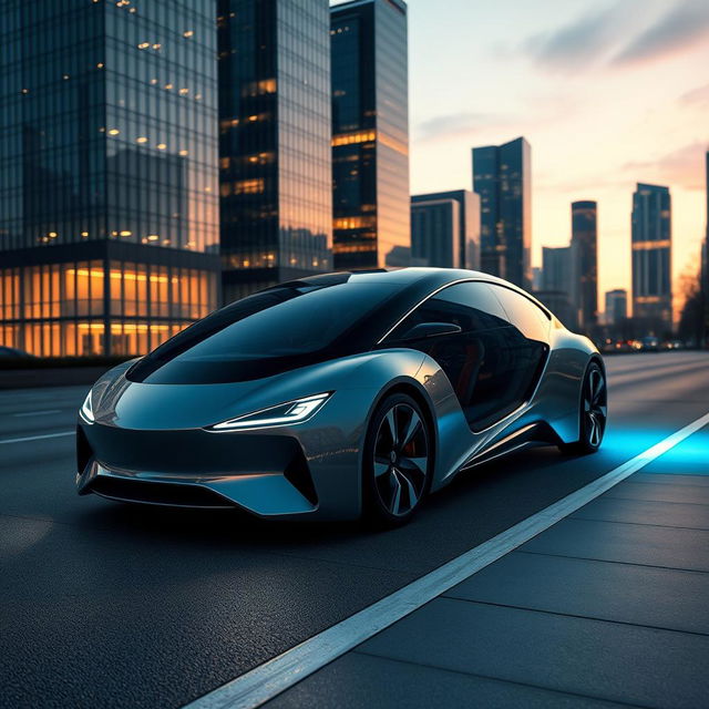 A highly realistic and futuristic car design parked on a cleanly designed street at twilight