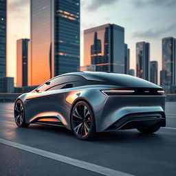 A highly realistic and futuristic car design parked on a cleanly designed street at twilight