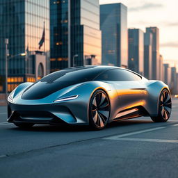 A highly realistic and futuristic car design parked on a cleanly designed street at twilight