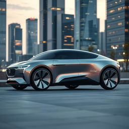 A highly realistic and futuristic car design parked on a cleanly designed street at twilight