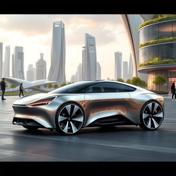 An ultra-modern, futuristic electric car with sleek, aerodynamic curves and a smooth, metallic surface