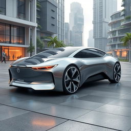 An ultra-modern, futuristic electric car with sleek, aerodynamic curves and a smooth, metallic surface