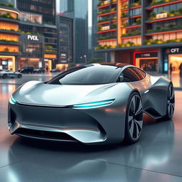 An ultra-modern, futuristic electric car with sleek, aerodynamic curves and a smooth, metallic surface