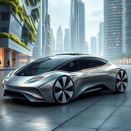 An ultra-modern, futuristic electric car with sleek, aerodynamic curves and a smooth, metallic surface