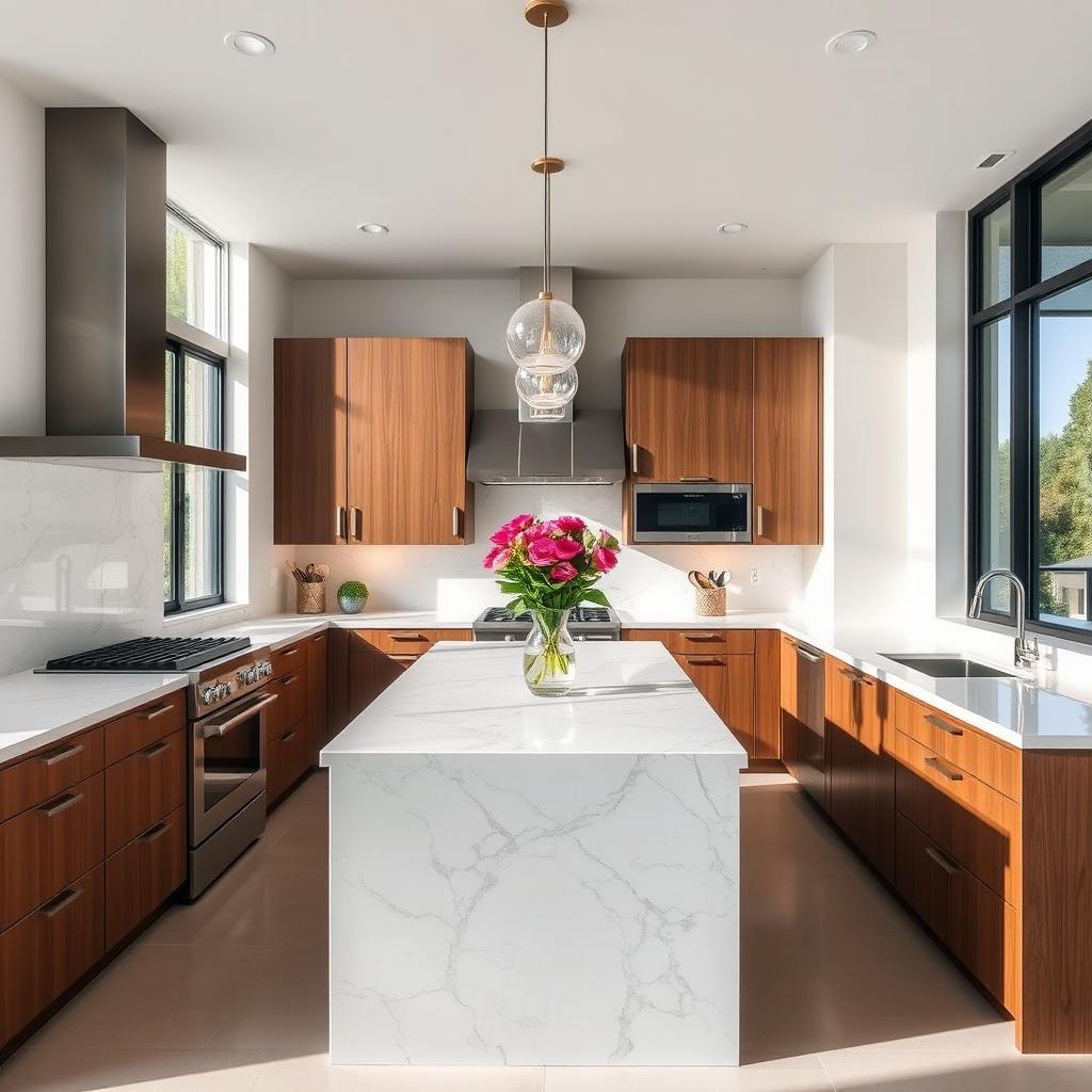 A modern and sleek kitchen with marble countertops, stainless steel appliances, and wooden cabinets