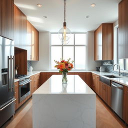 A modern and sleek kitchen with marble countertops, stainless steel appliances, and wooden cabinets