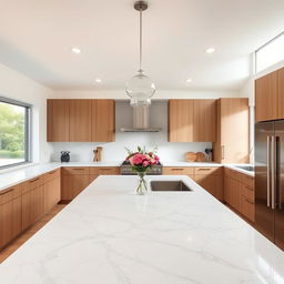 A modern and sleek kitchen with marble countertops, stainless steel appliances, and wooden cabinets