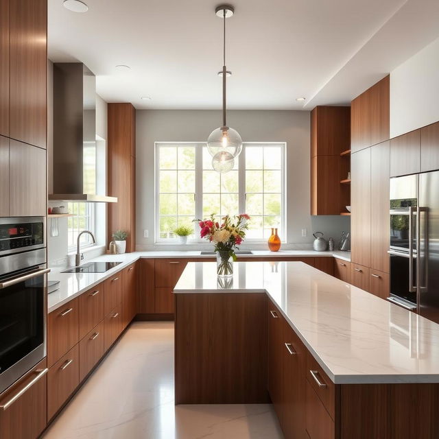 A modern and sleek kitchen with marble countertops, stainless steel appliances, and wooden cabinets